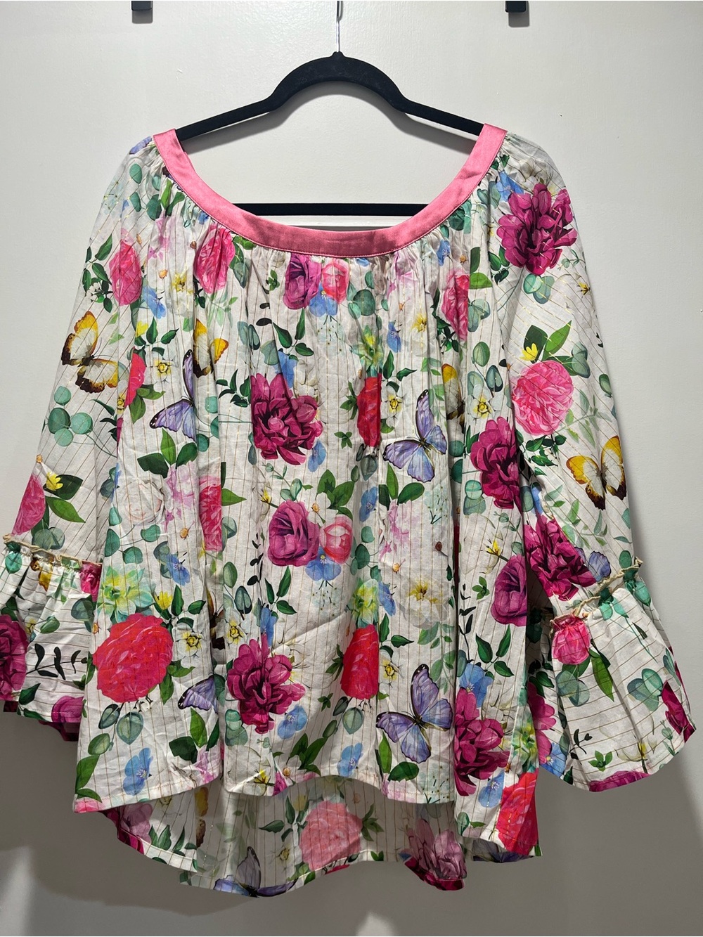 Aratta White Floral Peasant Blouse with Pink Trim